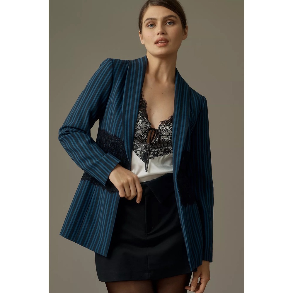 Anthropologie Maeve Lace Pinstripe Blazer Size 12 Blue Black Chic Sexy Menswear